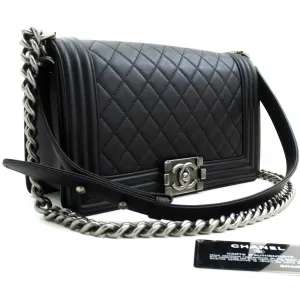 CHANEL Boy Chain Shoulder Bag Black Quilted Flap Calfskin Leather m56