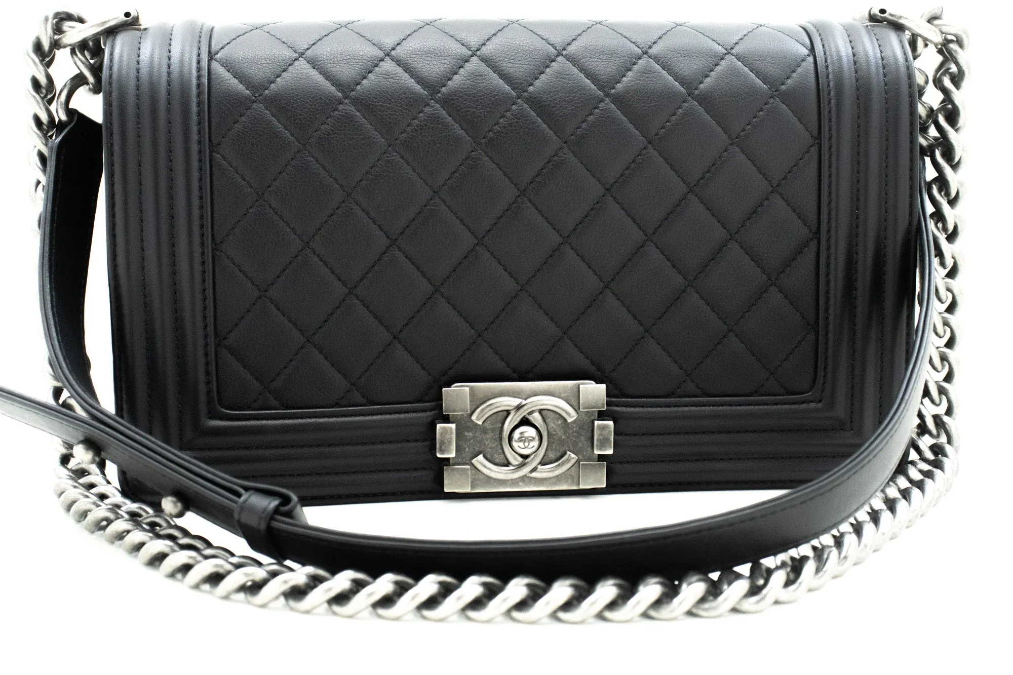 CHANEL Boy Chain Shoulder Bag Black Quilted Flap Calfskin Leather m56