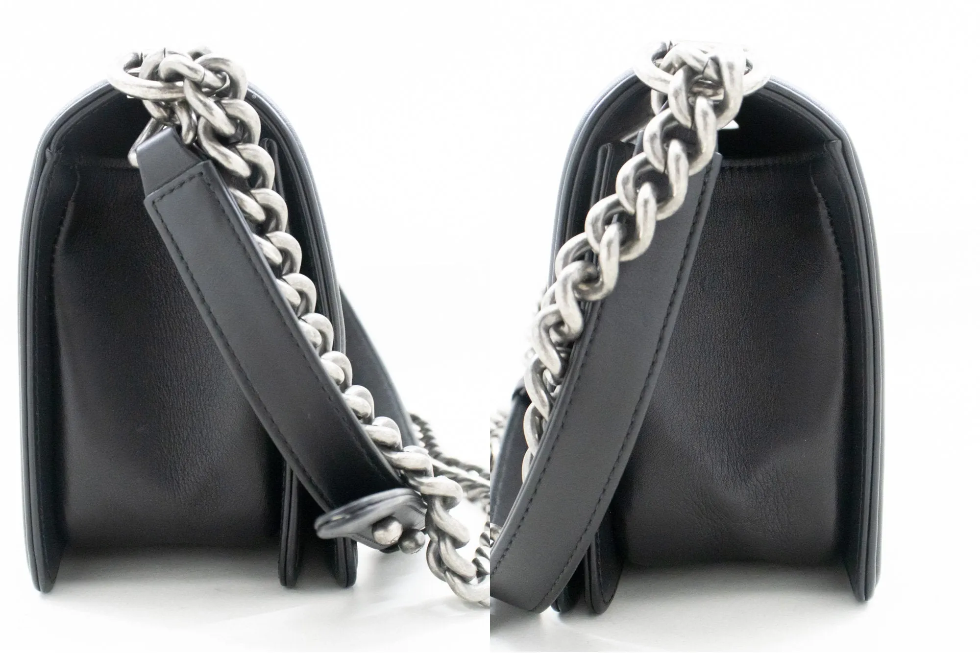 CHANEL Boy Chain Shoulder Bag Black Quilted Flap Calfskin Leather m56