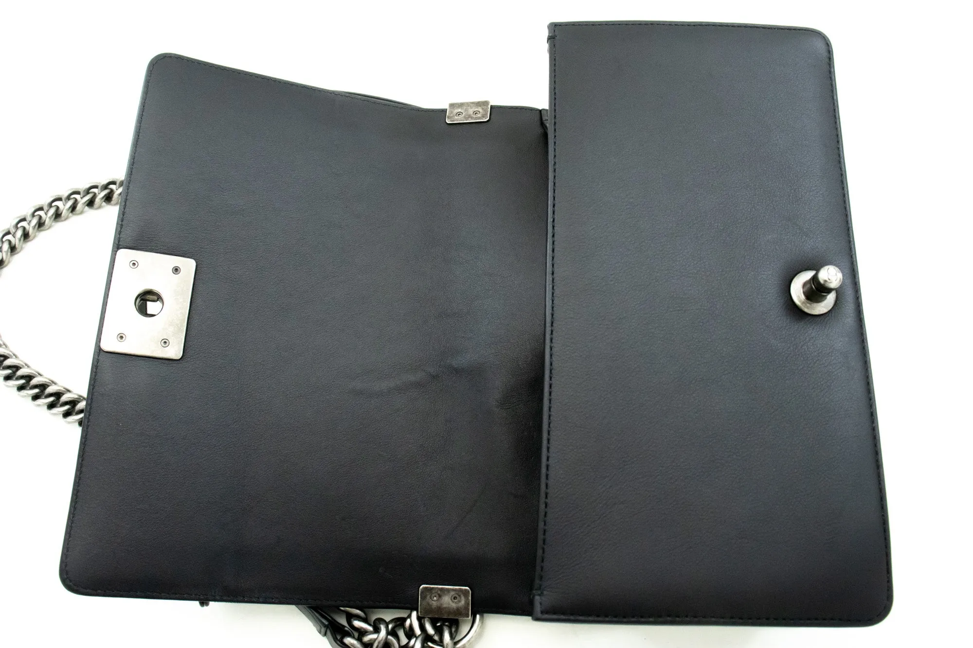 CHANEL Boy Chain Shoulder Bag Black Quilted Flap Calfskin Leather m56