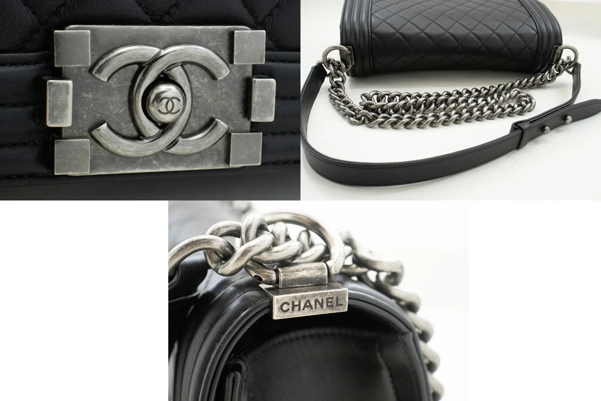 CHANEL Boy Chain Shoulder Bag Black Quilted Flap Calfskin Leather m56