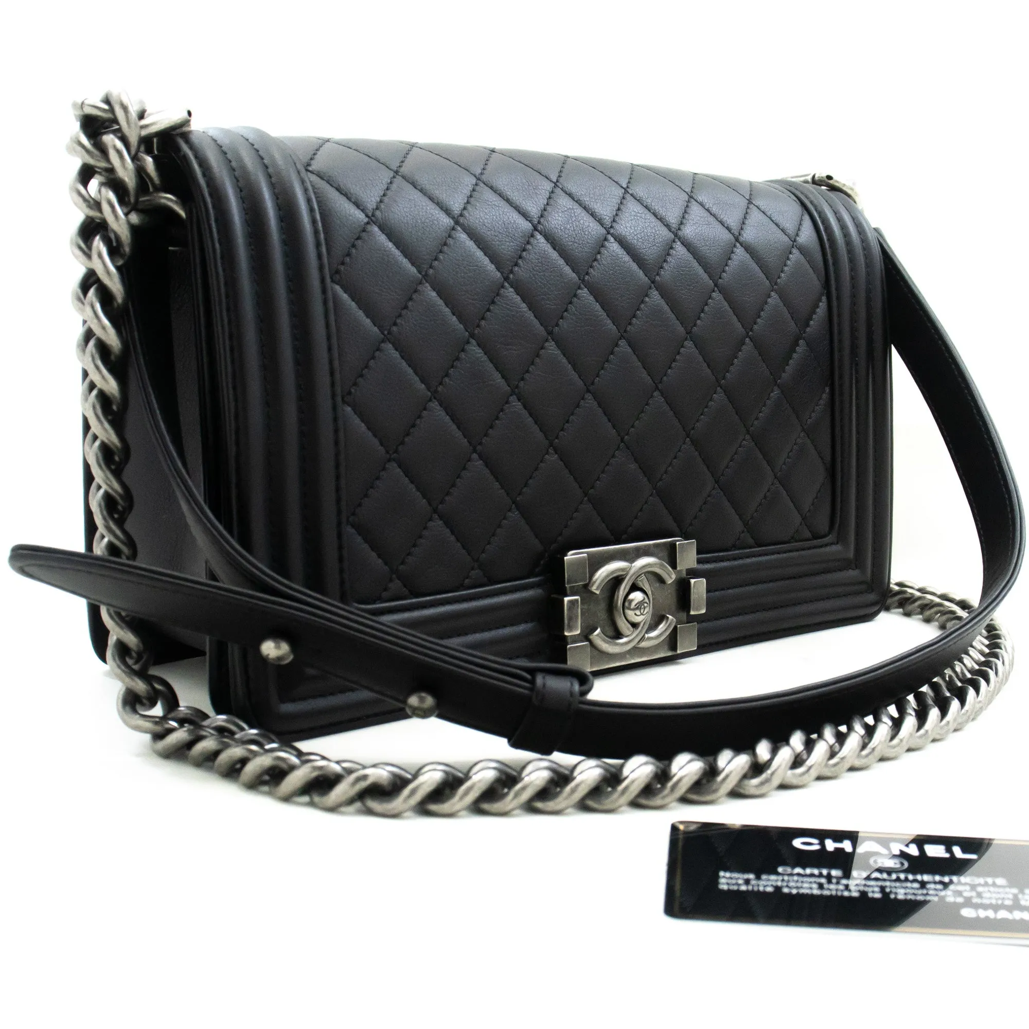 CHANEL Boy Chain Shoulder Bag Black Quilted Flap Calfskin Leather m56