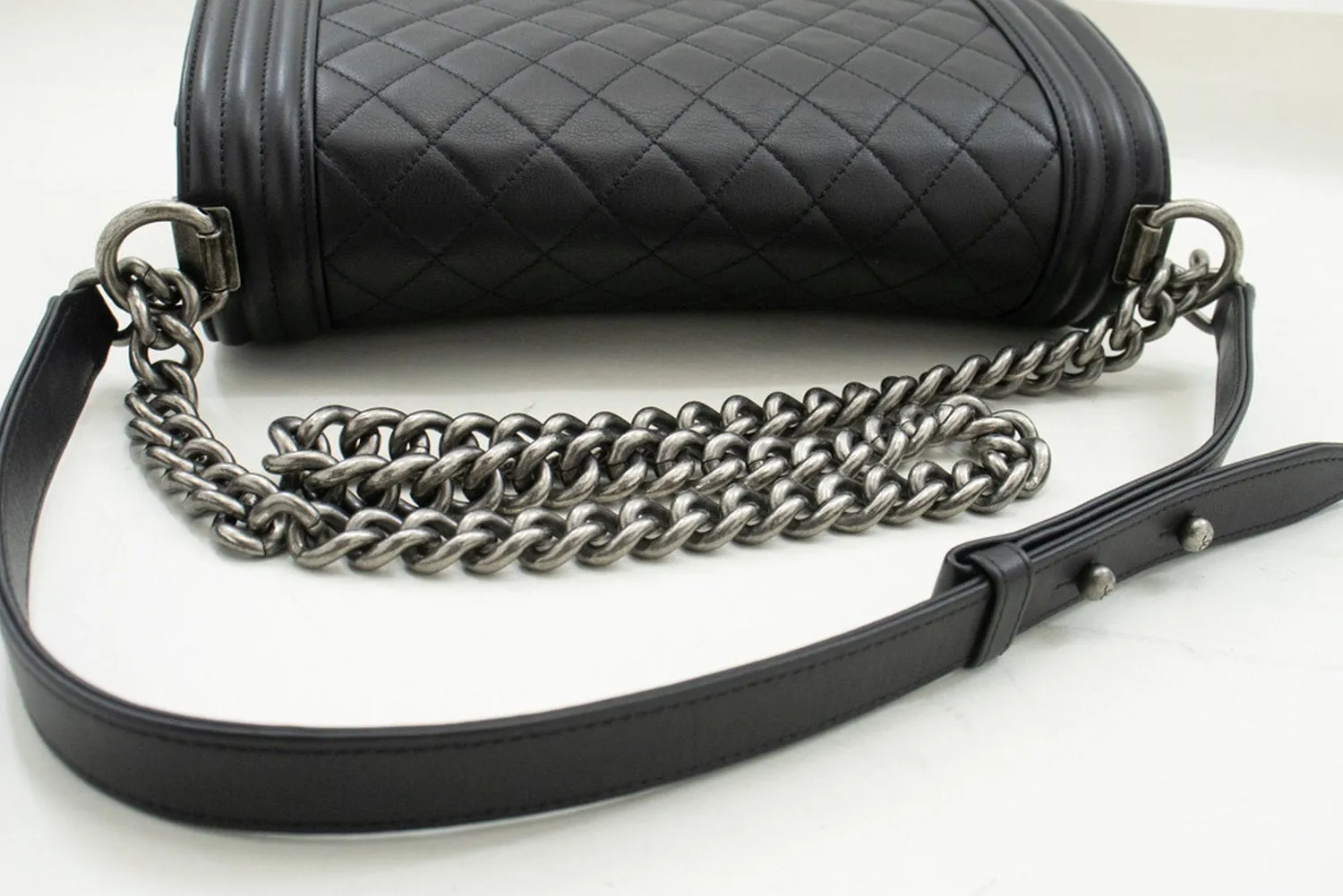 CHANEL Boy Chain Shoulder Bag Black Quilted Flap Calfskin Leather m56