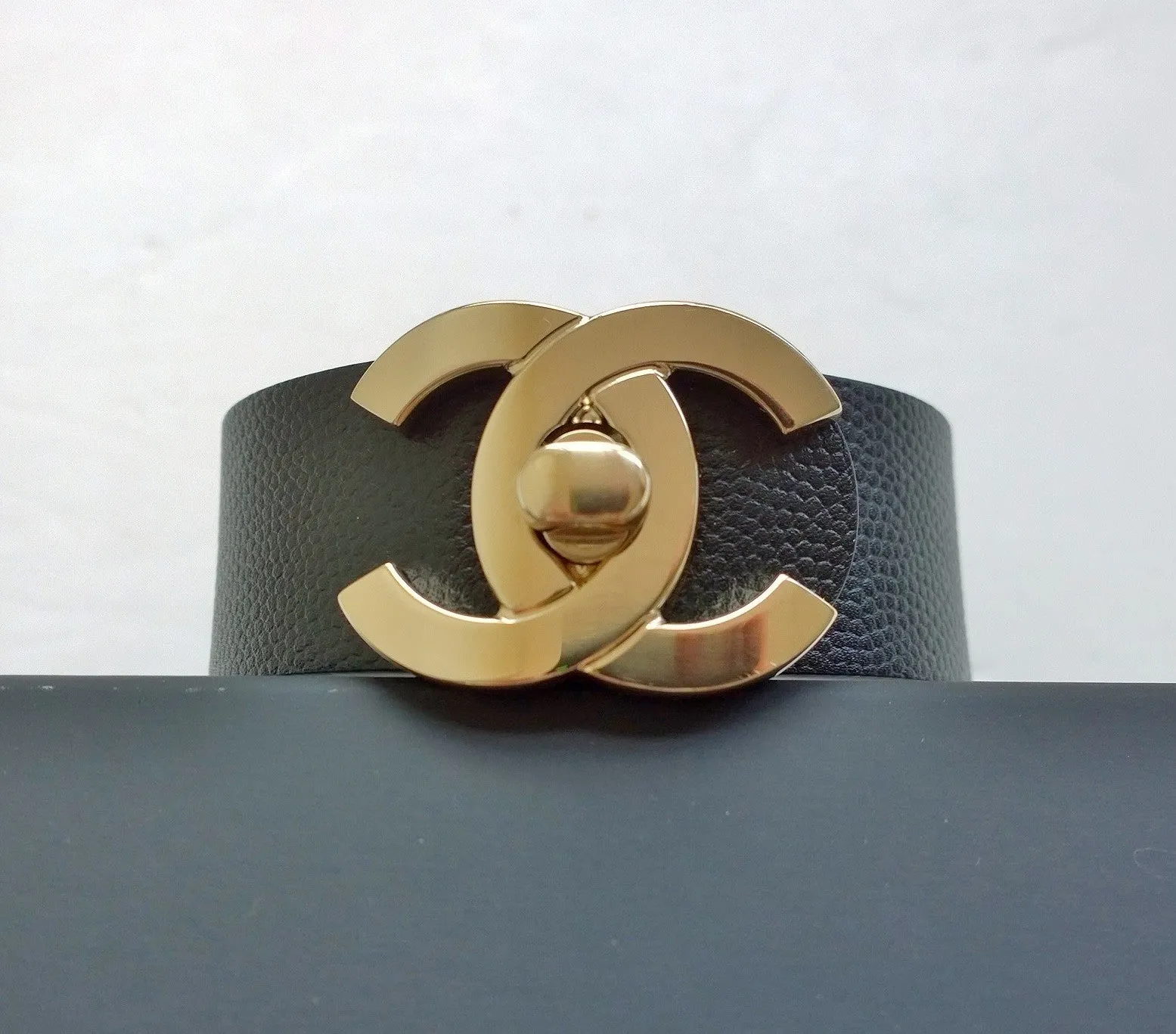 Chanel CC Cuff Bracelet in Black Leather Gold Logo Jewelry Jewellery New Large Size