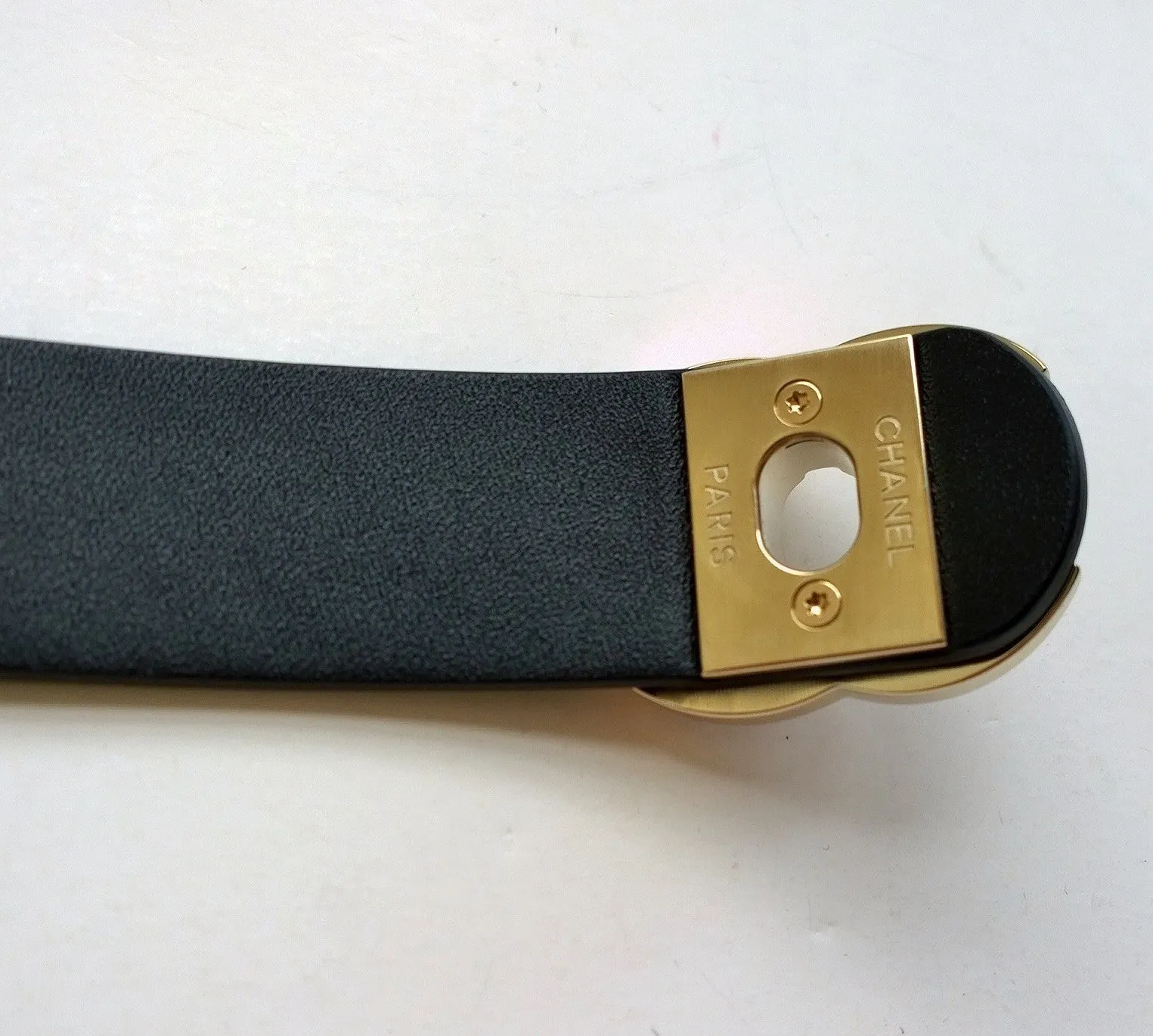 Chanel CC Cuff Bracelet in Black Leather Gold Logo Jewelry Jewellery New Large Size