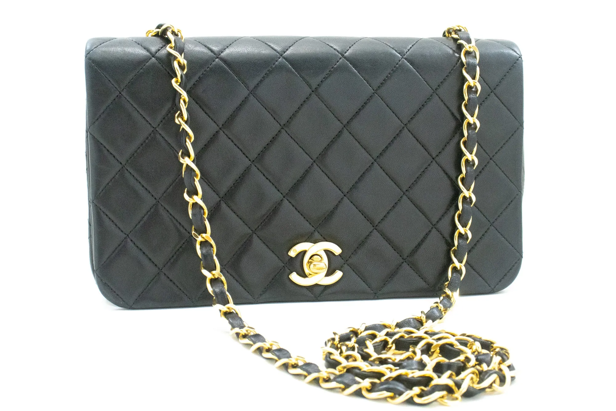 CHANEL Full Flap Chain Shoulder Bag Black Quilted Lambskin Leather n25