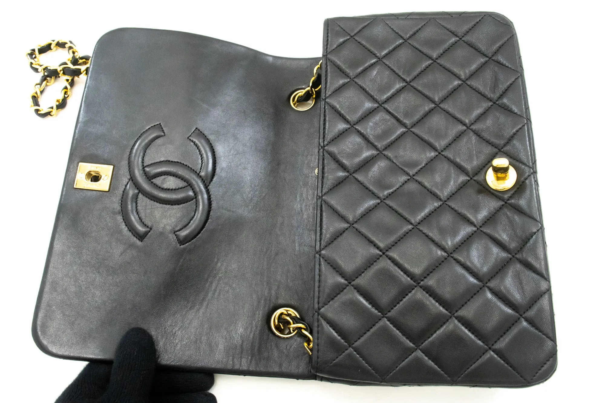CHANEL Full Flap Chain Shoulder Bag Black Quilted Lambskin Leather n25