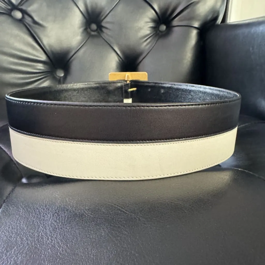 CHANEL Vintage 90s Black and White Striped Leather Waist Belt
