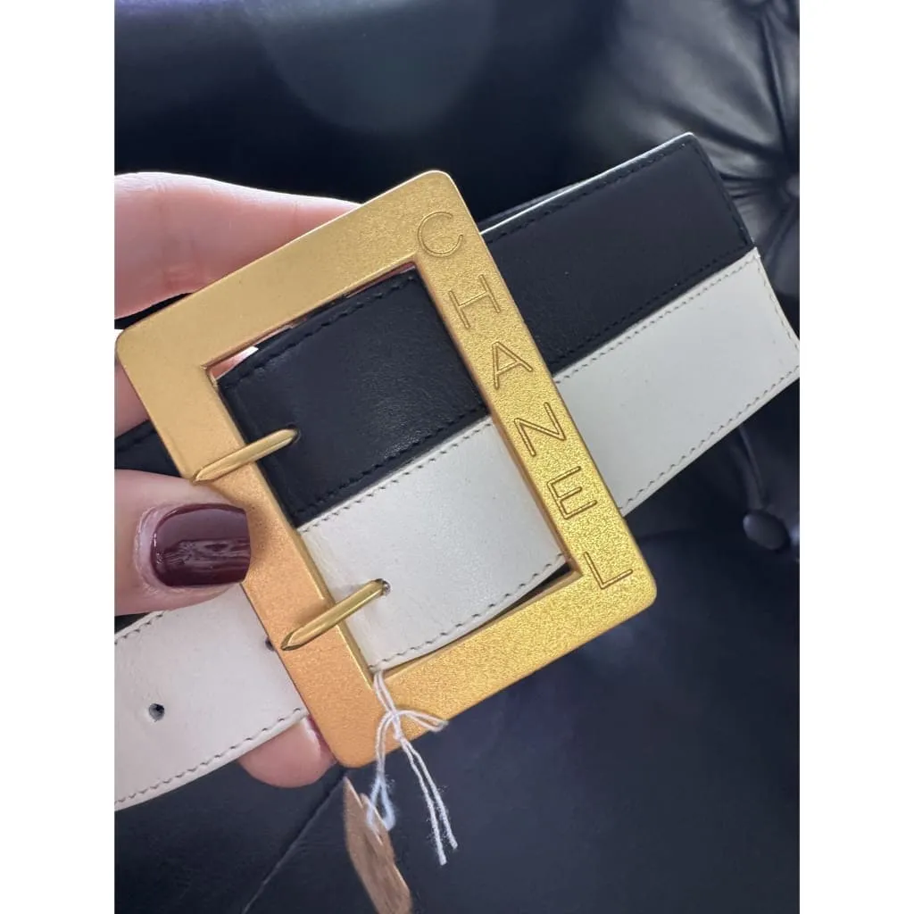 CHANEL Vintage 90s Black and White Striped Leather Waist Belt