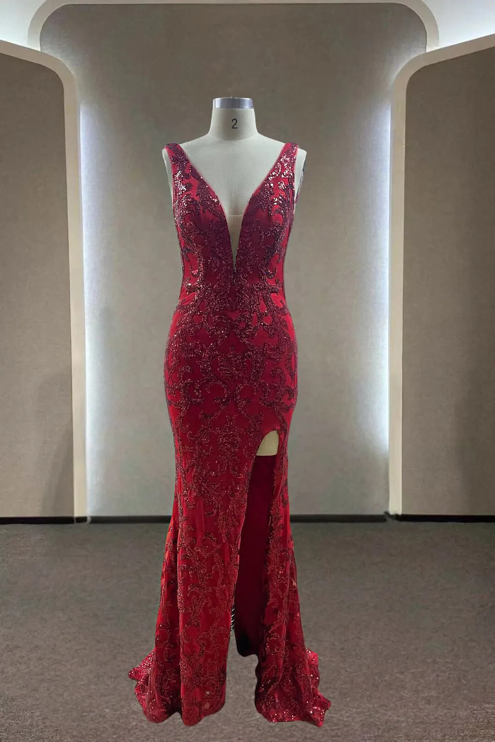 Charming Straps V-neck Red Bodice Prom Dress Evening Gown with Slit