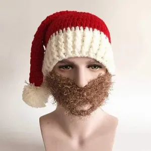 Christmas Knitted Faux Beard Face Hat - Red
