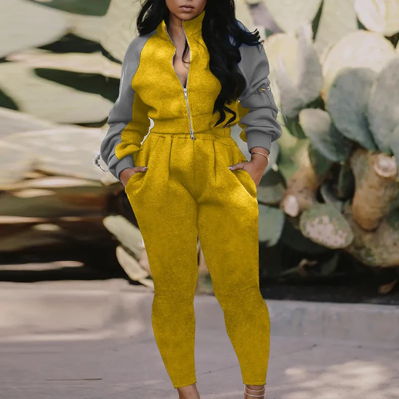 Contrast Patchwork Zipper Design Long Sleeve Top & Pants Set