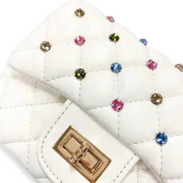 Cream Colorful Gems Quilted Purse