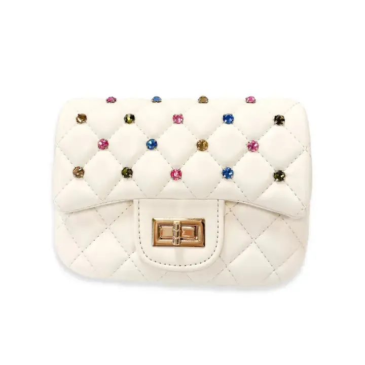 Cream Colorful Gems Quilted Purse