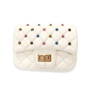 Cream Colorful Gems Quilted Purse