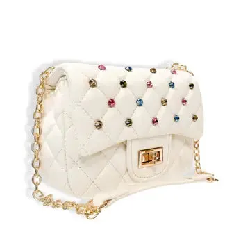 Cream Colorful Gems Quilted Purse