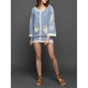 Crochet Panel Embroidered Dress - Blue One Size