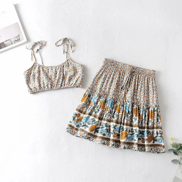 Cropped Top Skirt 2 Piece Set Floral Print Women Skirt Two Piece Sets Ruffles Summer Skirt Set