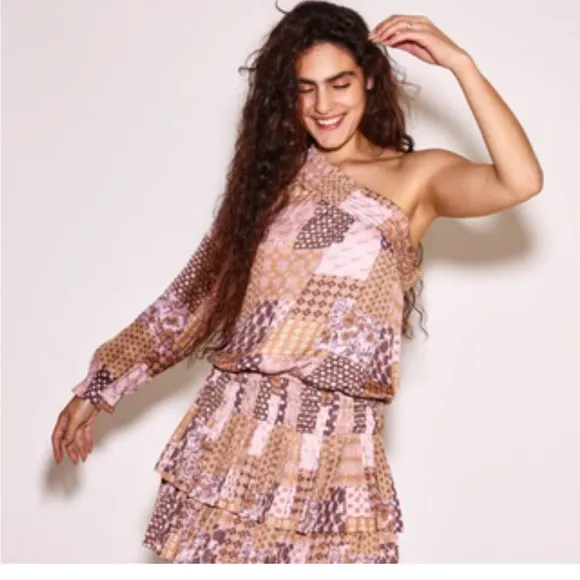 Current Air Anthropologie bohemian One-Shoulder Patchwork mini Dress Size Medium