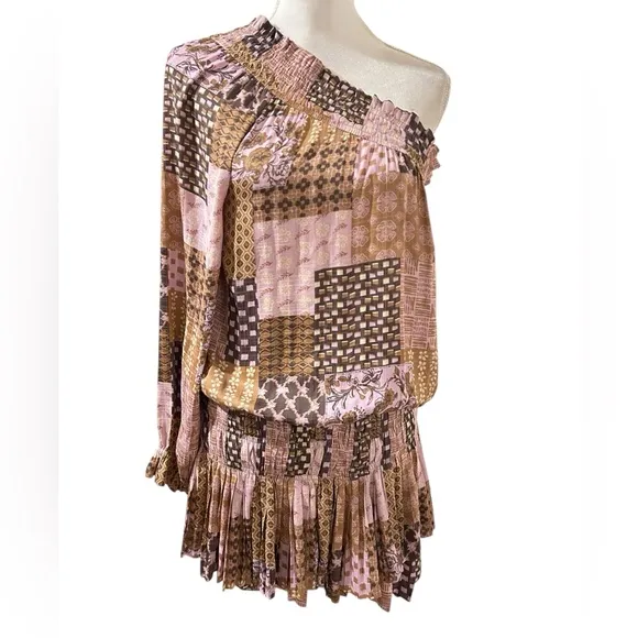 Current Air Anthropologie bohemian One-Shoulder Patchwork mini Dress Size Medium