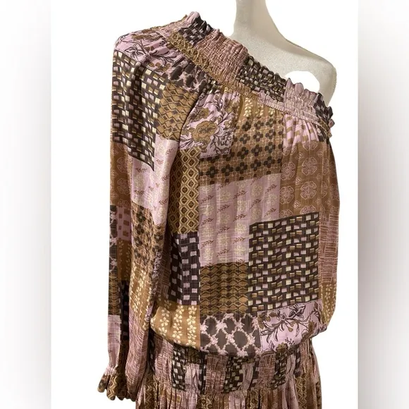 Current Air Anthropologie bohemian One-Shoulder Patchwork mini Dress Size Medium