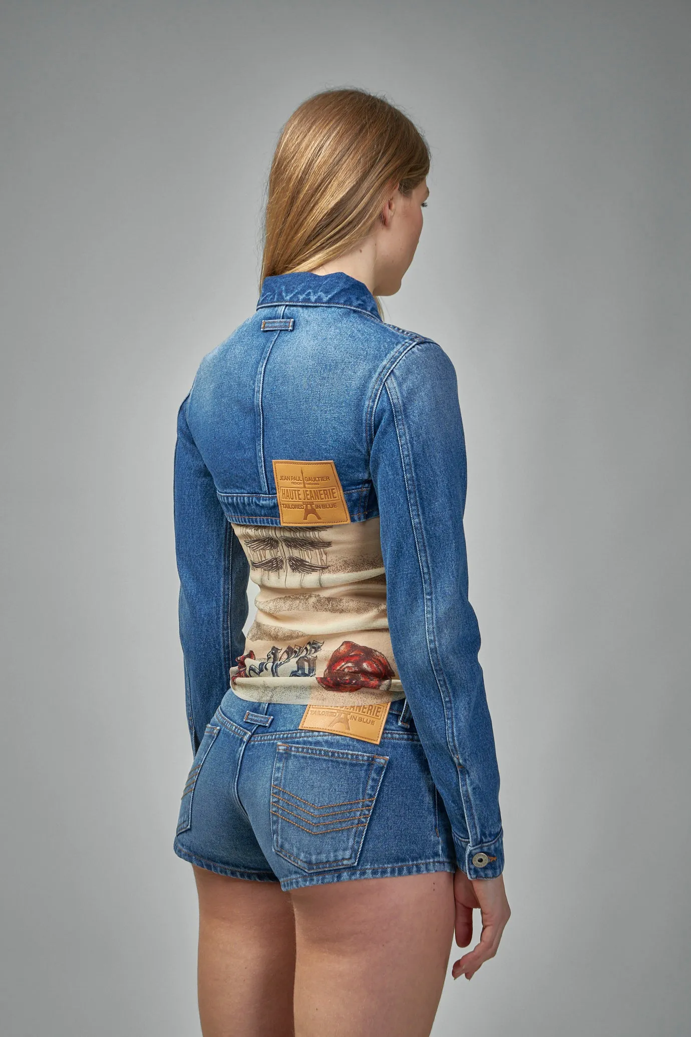 Denim Cropped Jacket With Topstitching Details On Cups