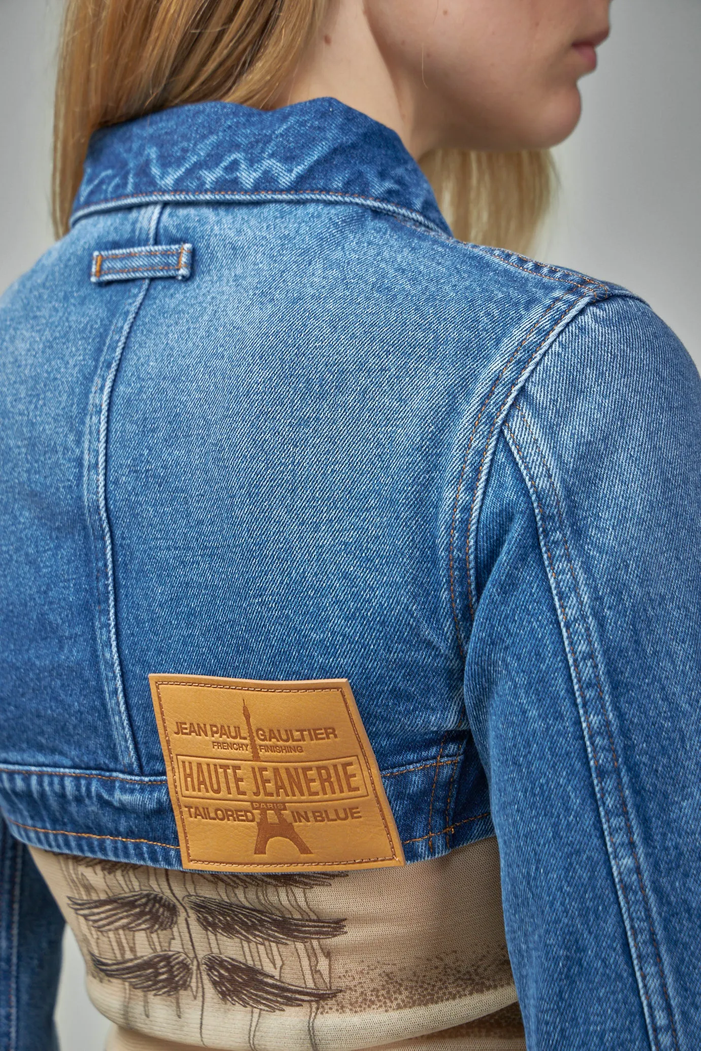 Denim Cropped Jacket With Topstitching Details On Cups