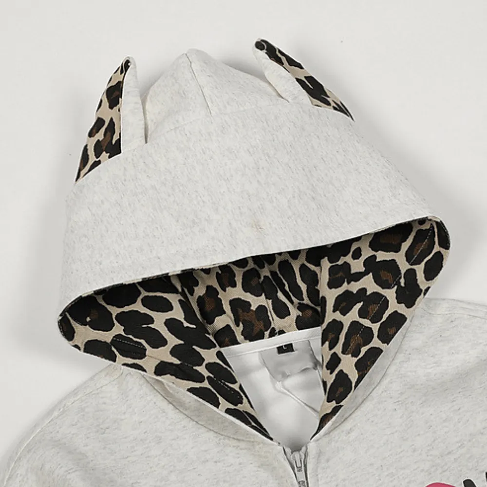 Designer Ear Leopard Print Zip Hoodie