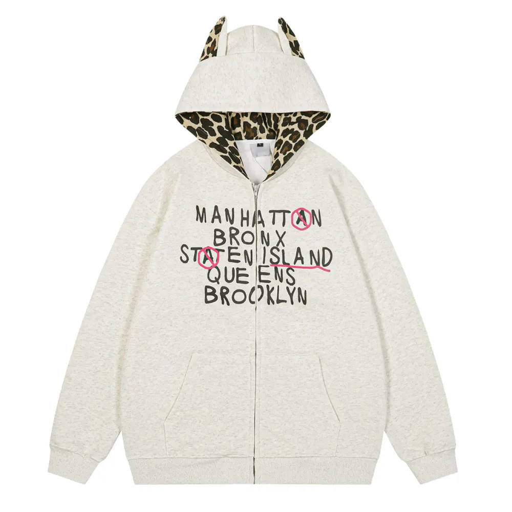 Designer Ear Leopard Print Zip Hoodie