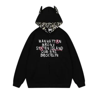 Designer Ear Leopard Print Zip Hoodie