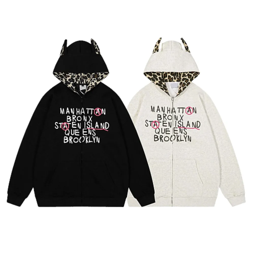 Designer Ear Leopard Print Zip Hoodie