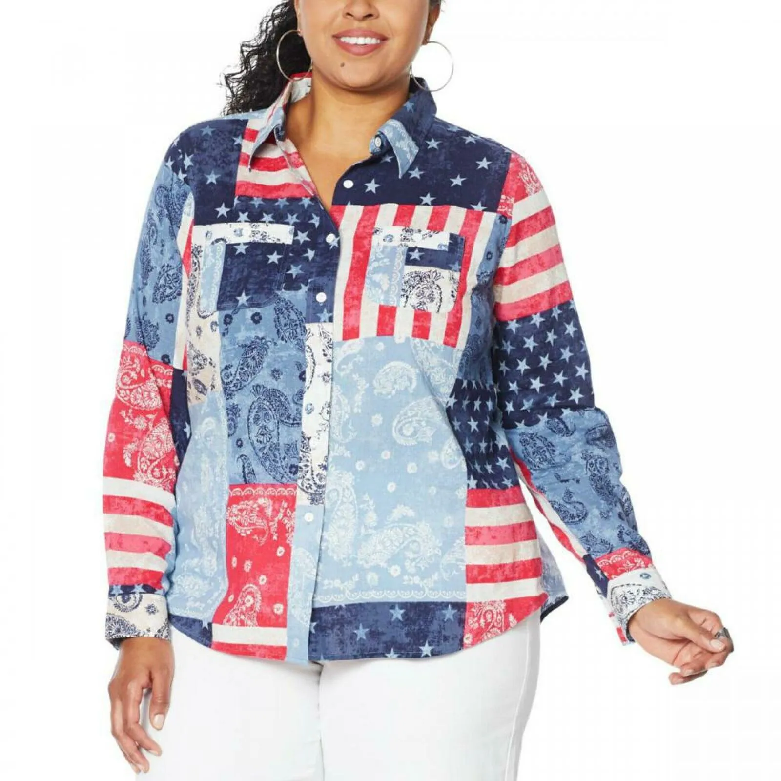 DG2 by Diane Gilman Women's Plus Size Patchwork Button Up Long Sleeve Shirt