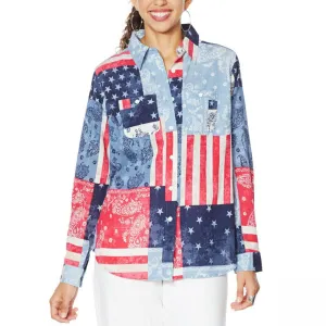 DG2 by Diane Gilman Women's Plus Size Patchwork Button Up Long Sleeve Shirt