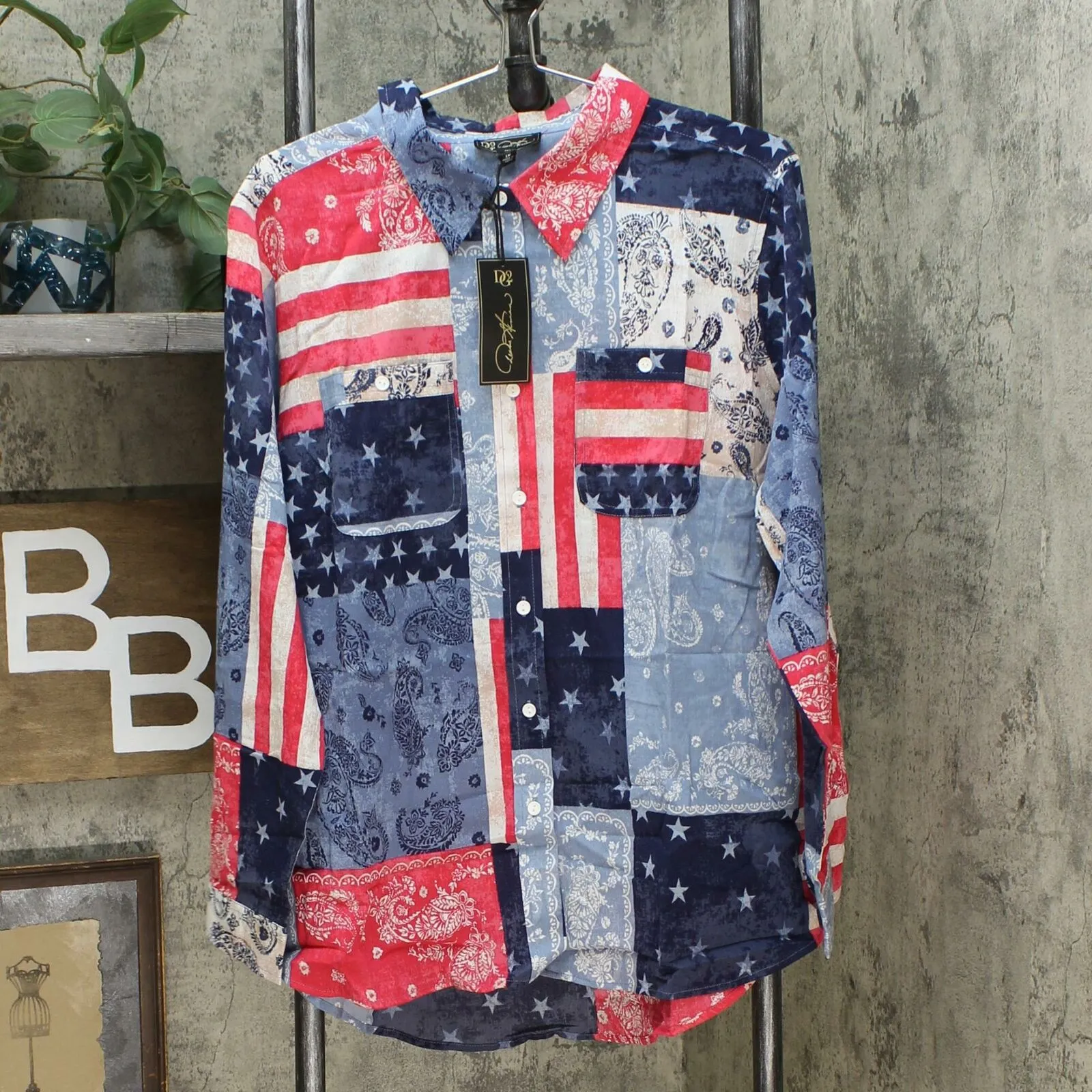 DG2 by Diane Gilman Women's Plus Size Patchwork Button Up Long Sleeve Shirt