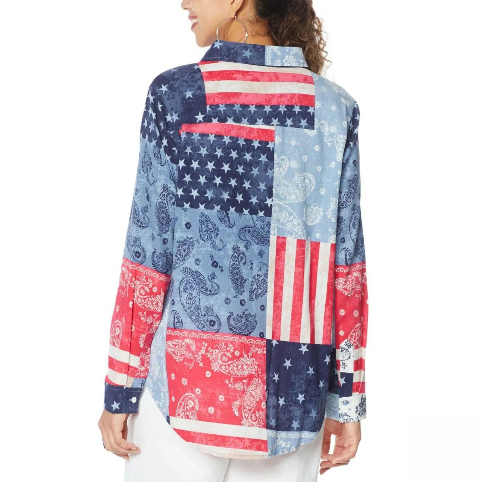 DG2 by Diane Gilman Women's Plus Size Patchwork Button Up Long Sleeve Shirt