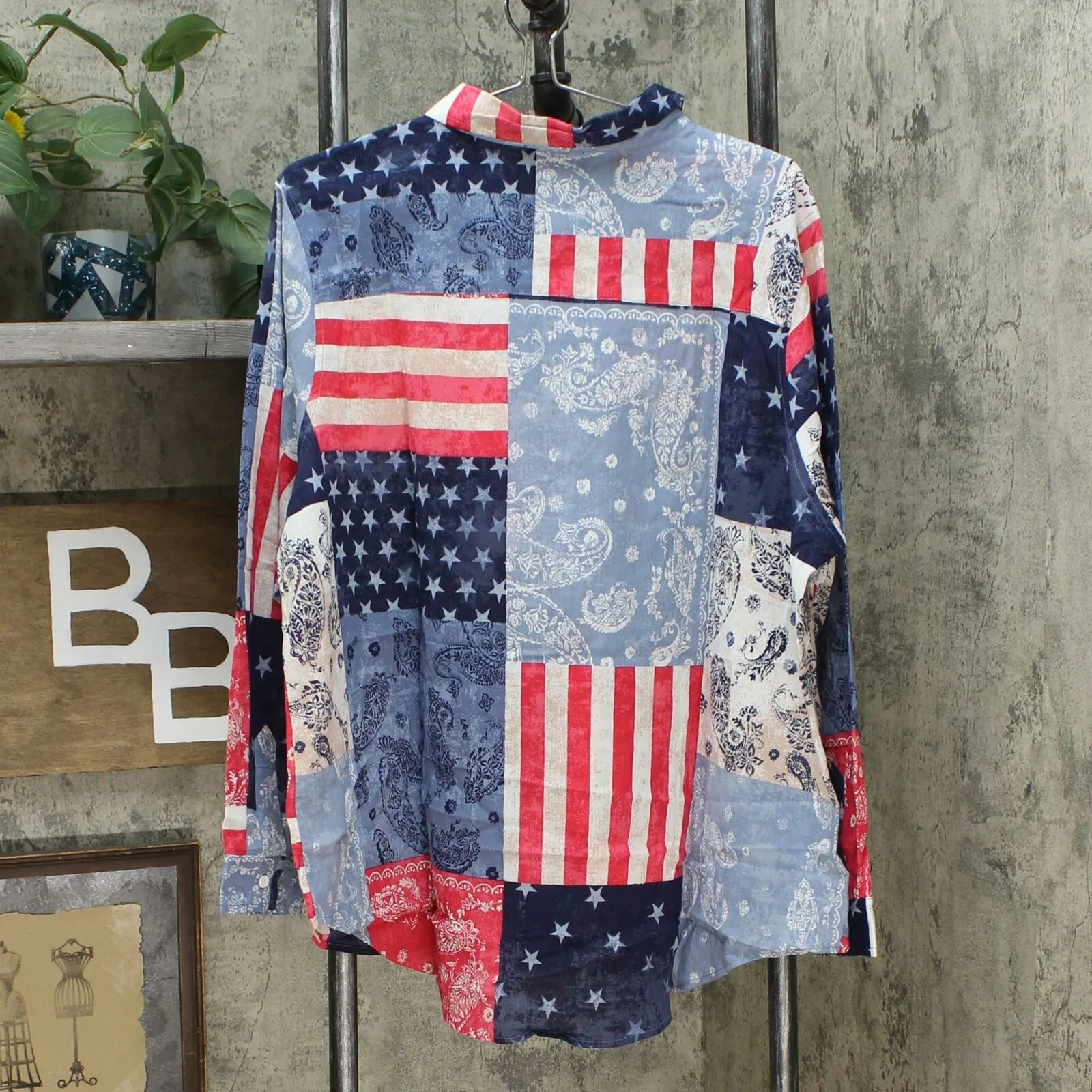 DG2 by Diane Gilman Women's Plus Size Patchwork Button Up Long Sleeve Shirt