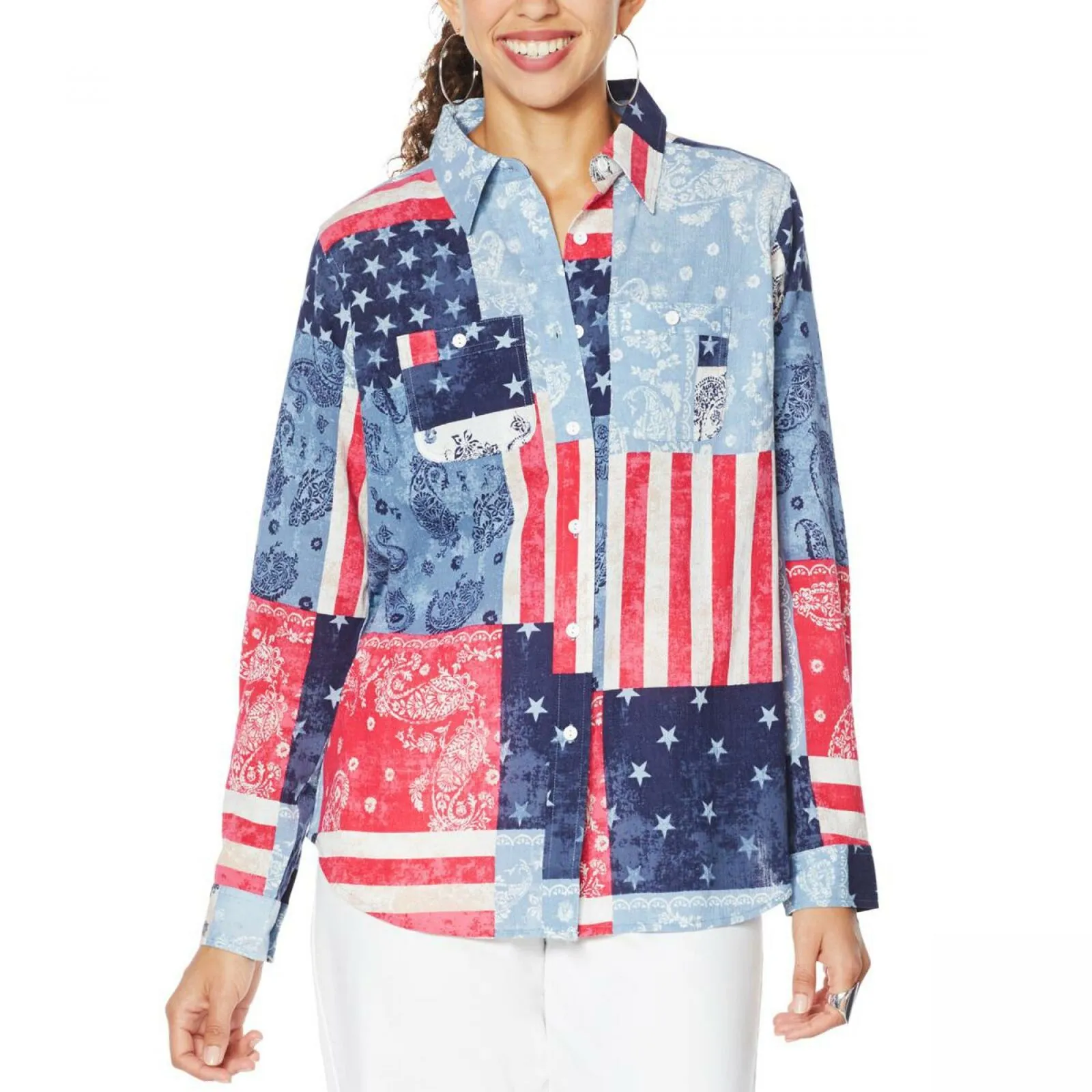 DG2 by Diane Gilman Women's Plus Size Patchwork Button Up Long Sleeve Shirt
