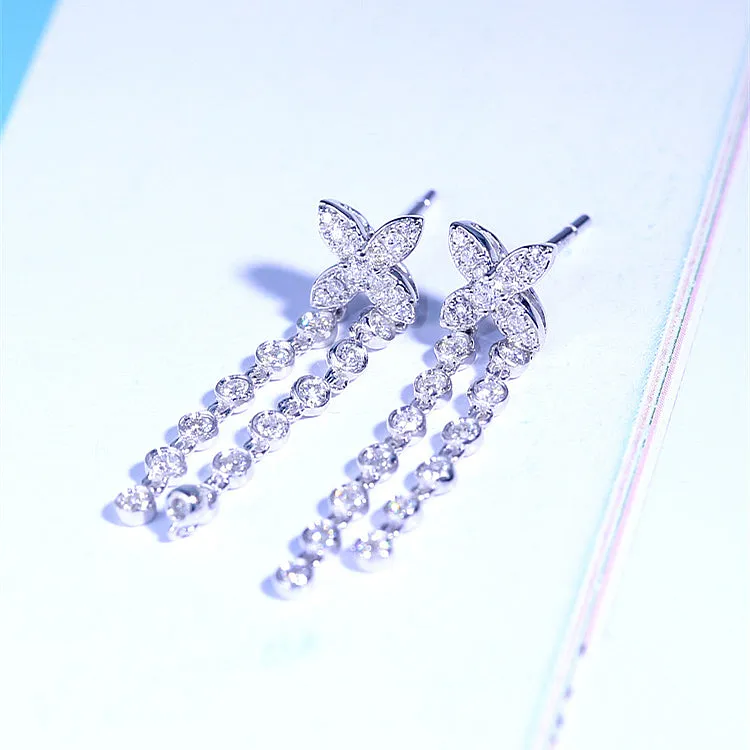 Diamond Lucky Clover Tassel Style Earrings