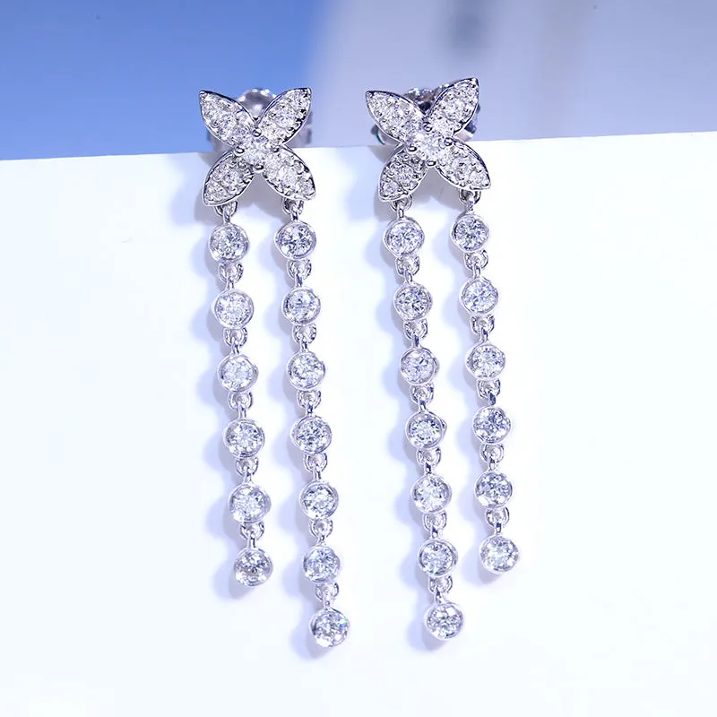 Diamond Lucky Clover Tassel Style Earrings