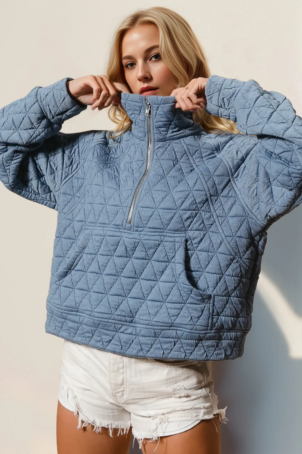 Double Take Women's Quilted Half Zip Sweatshirt with Pocket | Stylish Long Sleeve Pullover