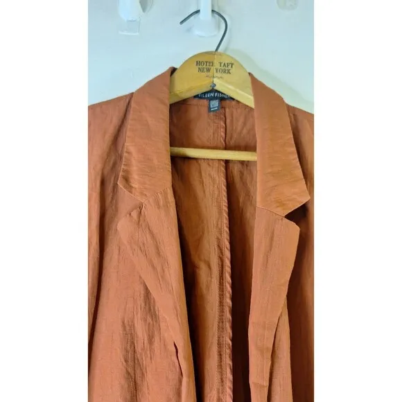 Eileen Fisher Open Front Crinkled Jacket Orange Rust Women's M Travel Work Wear
