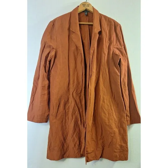 Eileen Fisher Open Front Crinkled Jacket Orange Rust Women's M Travel Work Wear