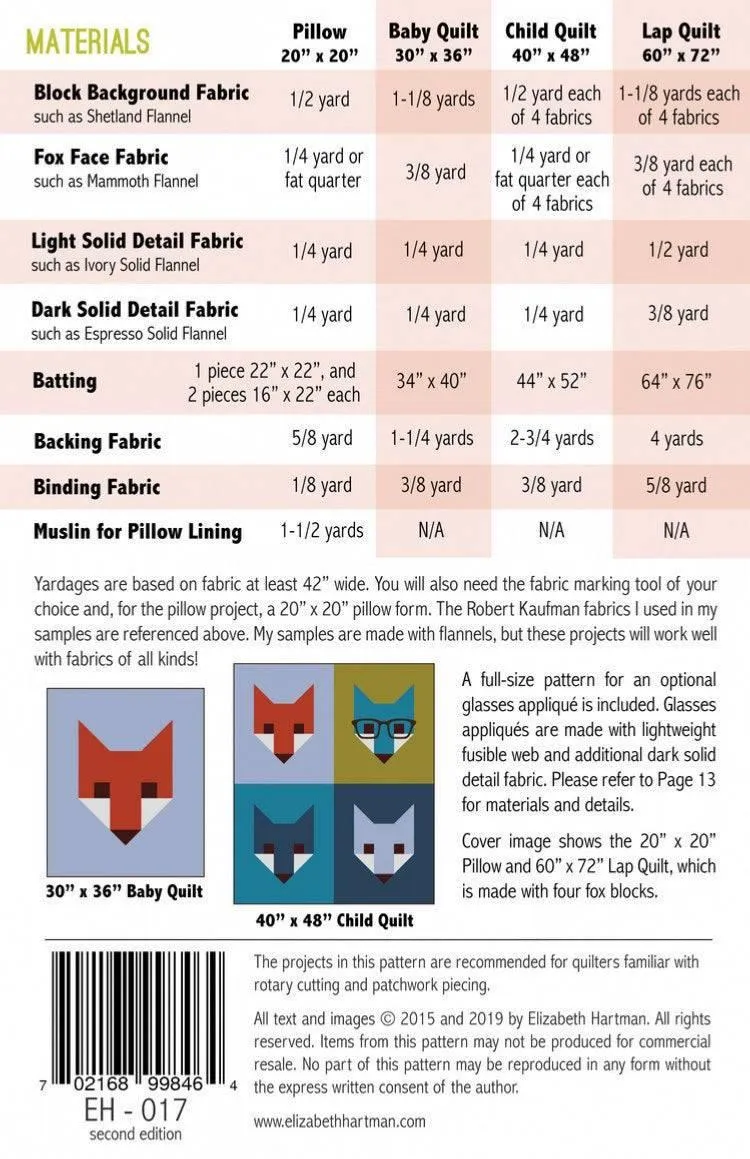 Elizabeth Hartman - Fancy Fox II - Quilt & Pillow Pattern