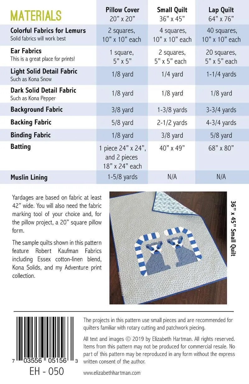 Elizabeth Hartman - Lana Lemur - Quilt & Pillow Pattern