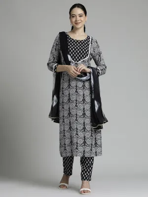 Ethnic Printed Black Kurta Set With Tie-Dye Dupatta
