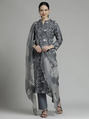Ethnic Printed Grey Kurta Set With Tie-Dye Dupatta
