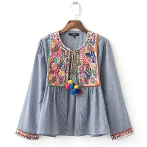 Ethnic Striped Print Geometric Embroidery Shirt jacket Strappy ball tassel Cardigan Blouse Top chemise Long Sleeve Blouse