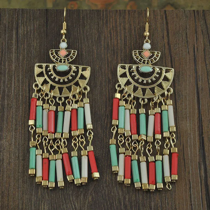 Ethnic Style Exaggerated Long Tassel Earrings Bohemian Fan Shaped Openwork Flower Earrings