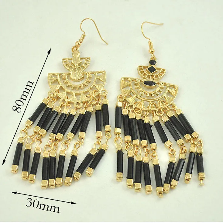 Ethnic Style Exaggerated Long Tassel Earrings Bohemian Fan Shaped Openwork Flower Earrings