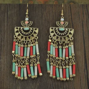 Ethnic Style Exaggerated Long Tassel Earrings Bohemian Fan Shaped Openwork Flower Earrings